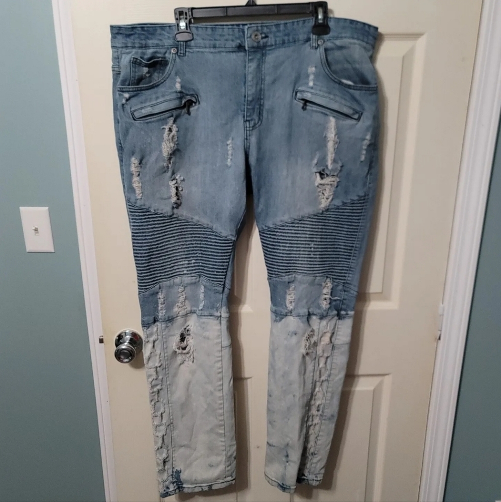 Focus Zipper, Ripped, Ripple, Bleached Jeans Men's‎ 40x32